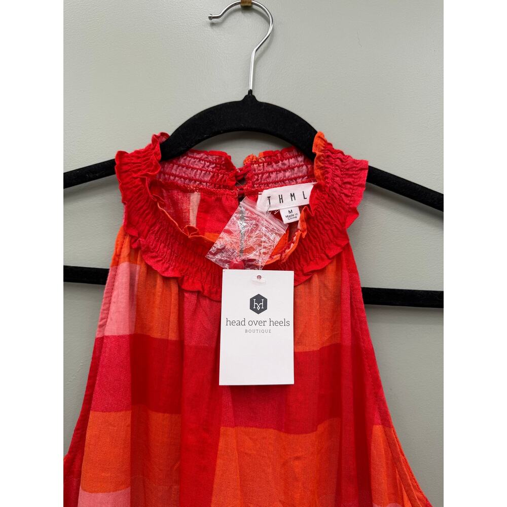 NWT Stunning THML Red & Orange Plaid Sleeveless Ruffle Neck Blouse - Picture 3 of 9